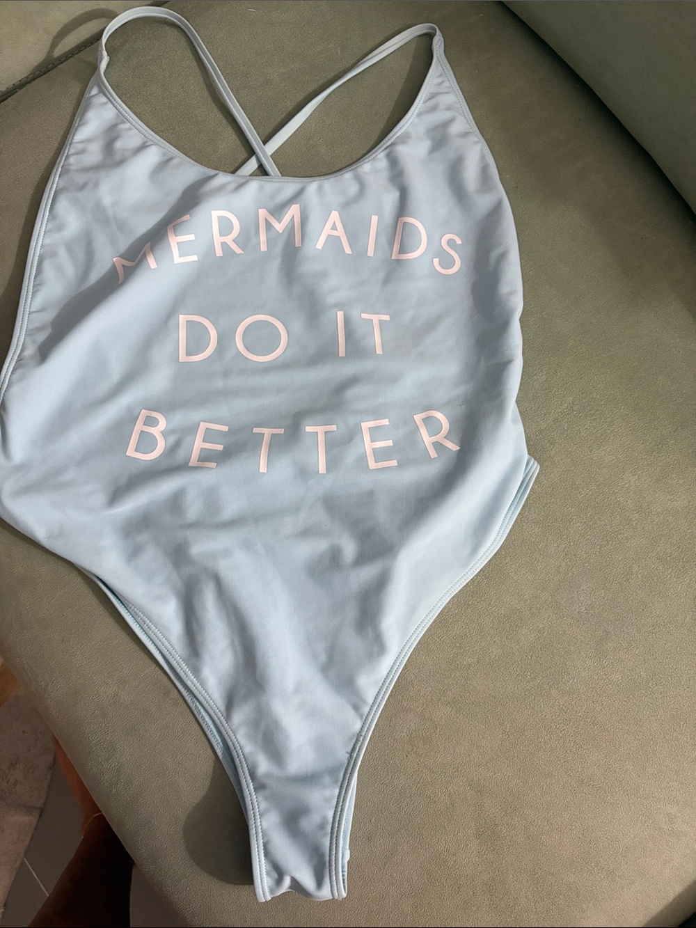 Light Blue One-Piece Swimsuit with white  Slogan